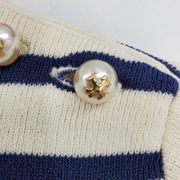 Tory Burch Navy Blue and White Striped Red Button Pearl Neck Sweater Medium - Picture 4 of 9